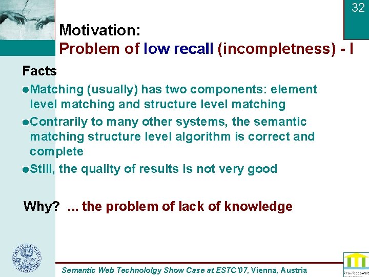 32 Motivation: Problem of low recall (incompletness) - I Facts Matching (usually) has two