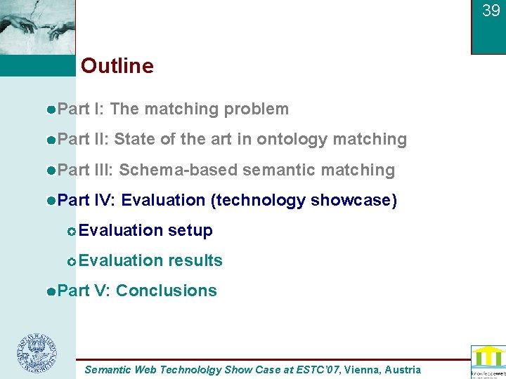 39 Outline Part I: The matching problem Part II: State of the art in