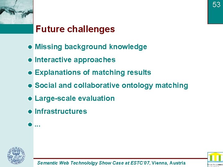 53 Future challenges Missing background knowledge Interactive approaches Explanations of matching results Social and