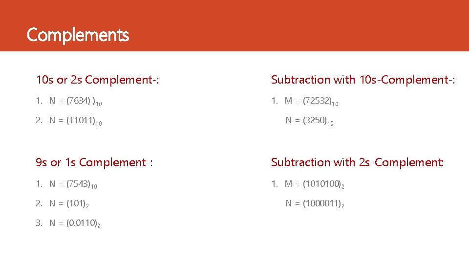 Complements 10 s or 2 s Complement‐: Subtraction with 10 s‐Complement‐: 1. N = Complements 10 s or 2 s Complement‐: Subtraction with 10 s‐Complement‐: 1. N =