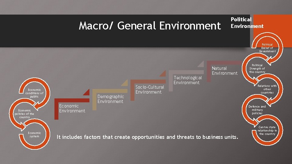 Macro/ General Environment Political Belief of Government Economic conditions of public Economic policies of