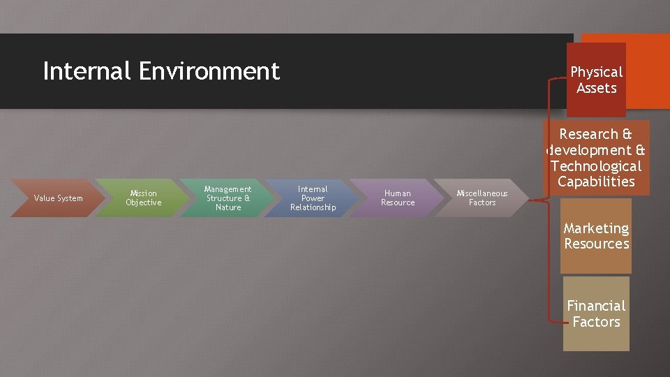 Internal Environment Value System Mission Objective Management Structure & Nature Physical Assets Internal Power