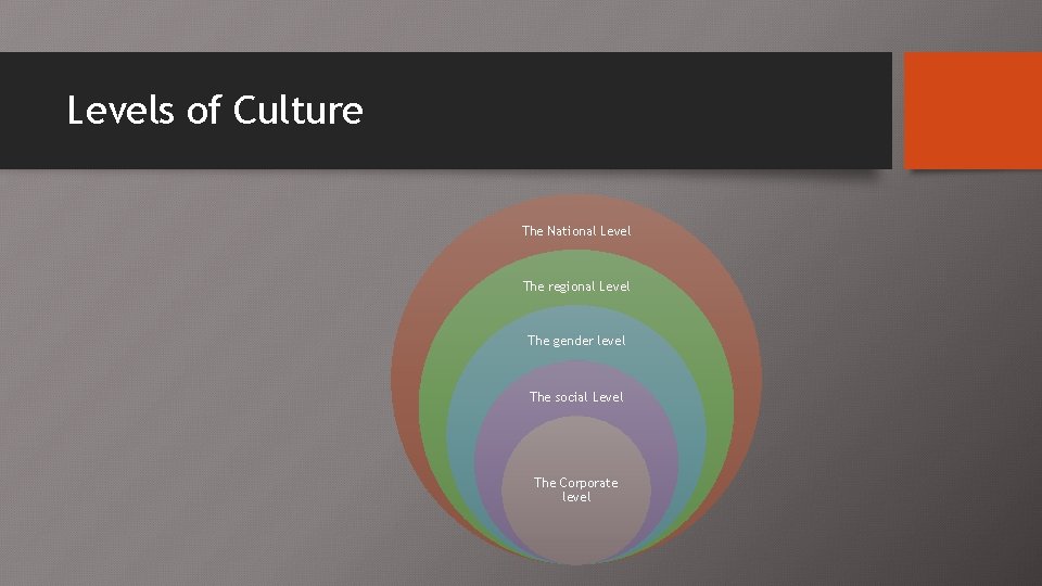 Levels of Culture The National Level The regional Level The gender level The social