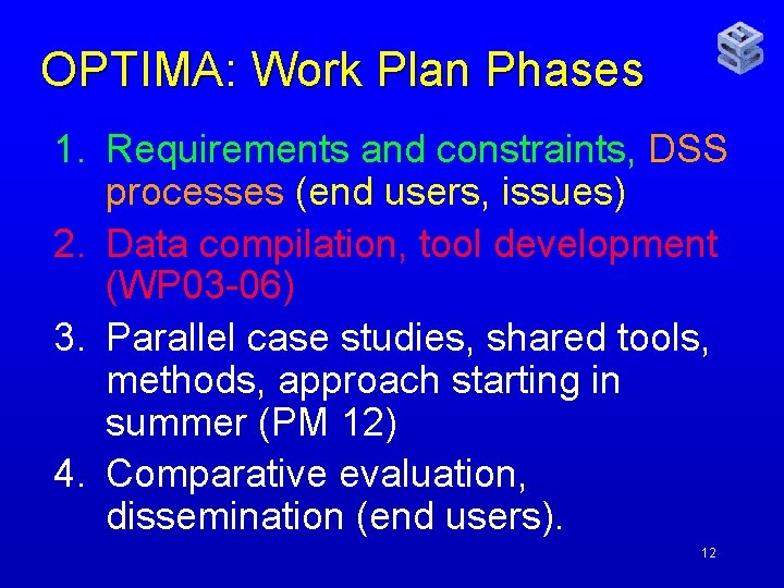 OPTIMA: Work Plan Phases 1. Requirements and constraints, DSS processes (end users, issues) 2.