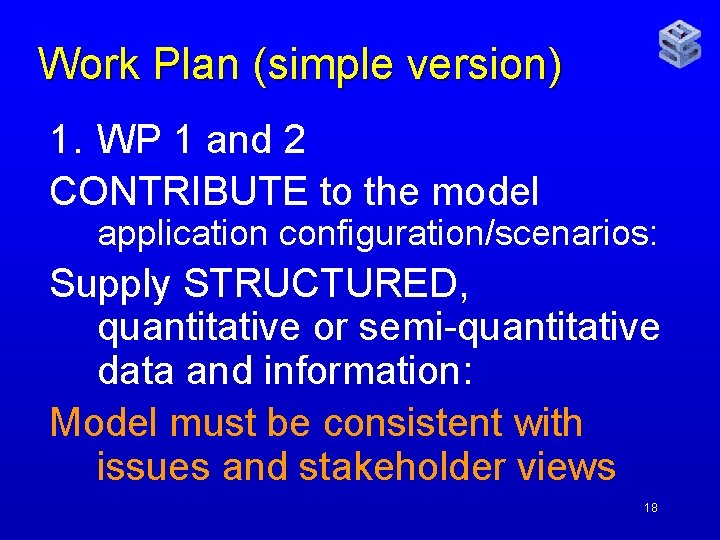 Work Plan (simple version) 1. WP 1 and 2 CONTRIBUTE to the model application