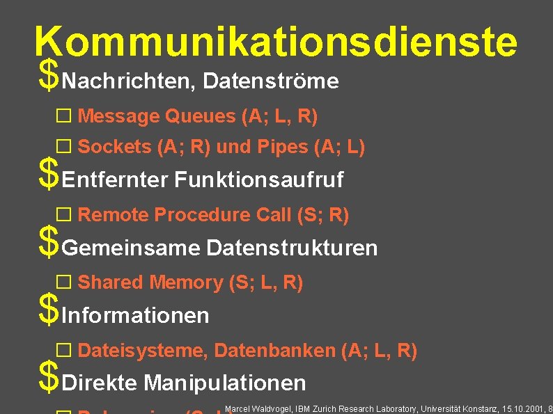 Kommunikationsdienste $Nachrichten, Datenströme � Message Queues (A; L, R) � Sockets (A; R) und