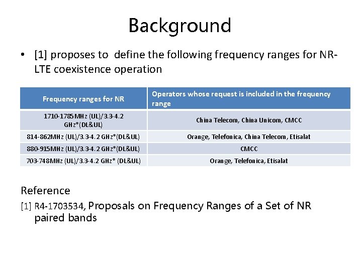 Background • [1] proposes to define the following frequency ranges for NRLTE coexistence operation