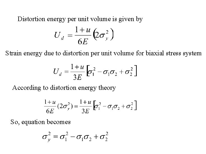 Distortion energy per unit volume is given by Strain energy due to distortion per