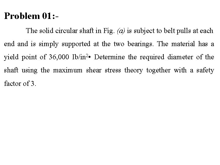 Problem 01: The solid circular shaft in Fig. (a) is subject to belt pulls