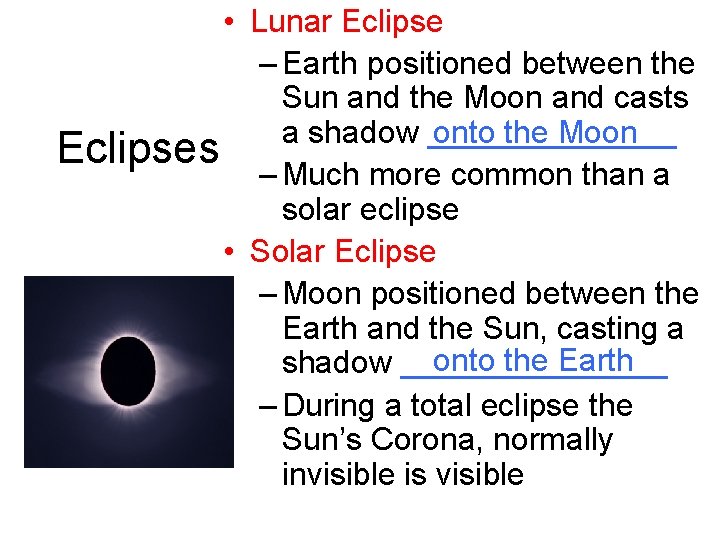  • Lunar Eclipse – Earth positioned between the Sun and the Moon and