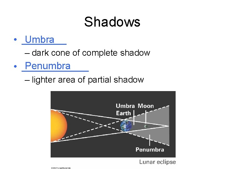 Shadows • ____ Umbra – dark cone of complete shadow Penumbra • ______ –