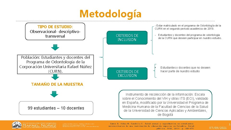 Metodología TIPO DE ESTUDIO: Observacional- descriptivotransversal Población: Estudiantes y docentes del Programa de Odontología