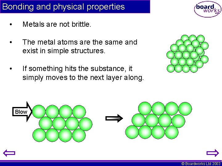 Bonding and physical properties • Metals are not brittle. • The metal atoms are