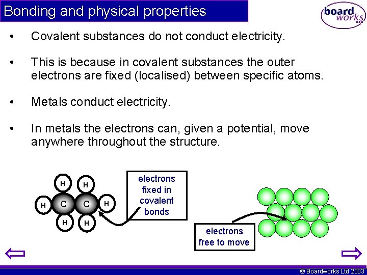 Bonding and physical properties • Covalent substances do not conduct electricity. • This is