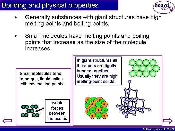 Bonding and physical properties • Generally substances with giant structures have high melting points