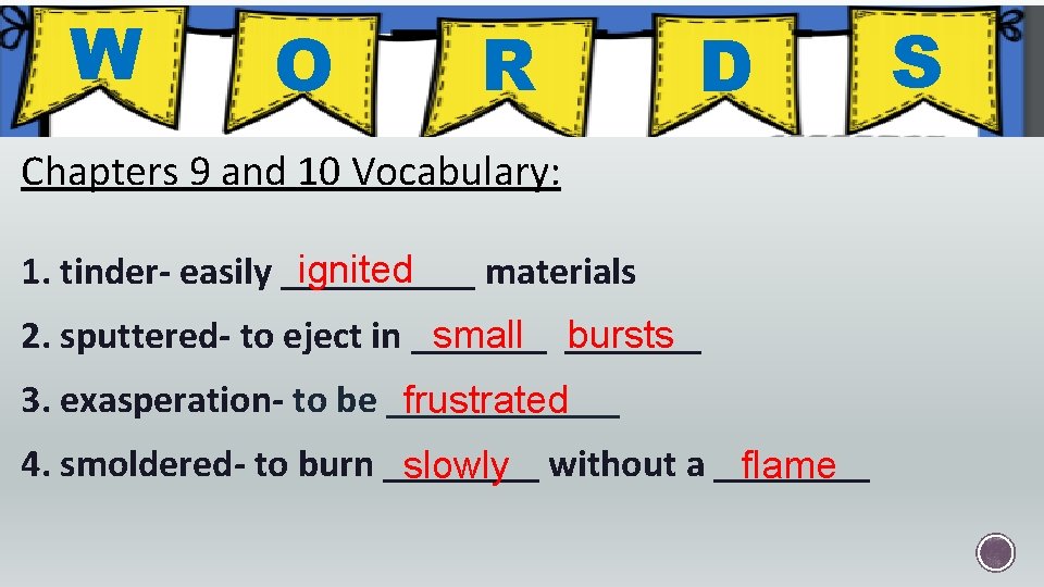 W O R D Chapters 9 and 10 Vocabulary: ignited 1. tinder- easily _____