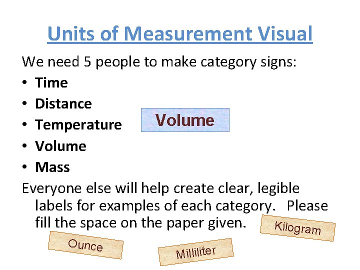 Units of Measurement Visual We need 5 people to make category signs: • Time