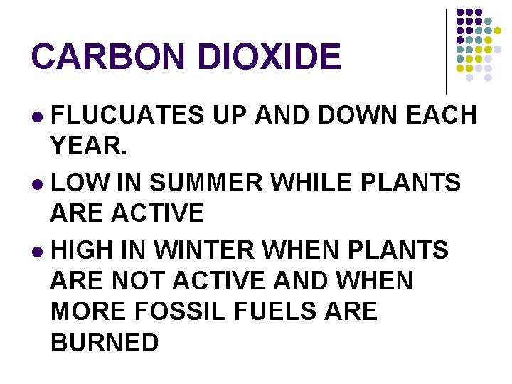 CARBON DIOXIDE FLUCUATES UP AND DOWN EACH YEAR. l LOW IN SUMMER WHILE PLANTS