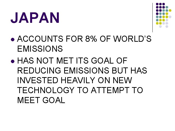 JAPAN ACCOUNTS FOR 8% OF WORLD’S EMISSIONS l HAS NOT MET ITS GOAL OF