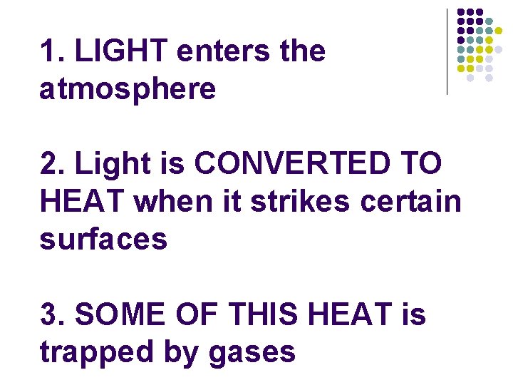 1. LIGHT enters the atmosphere 2. Light is CONVERTED TO HEAT when it strikes