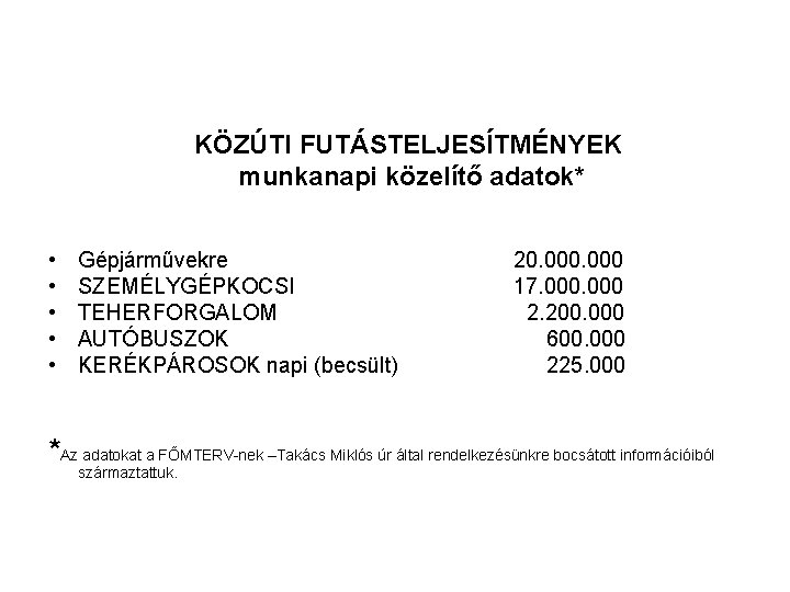 KÖZÚTI FUTÁSTELJESÍTMÉNYEK munkanapi közelítő adatok* • • • Gépjárművekre SZEMÉLYGÉPKOCSI TEHERFORGALOM AUTÓBUSZOK KERÉKPÁROSOK napi