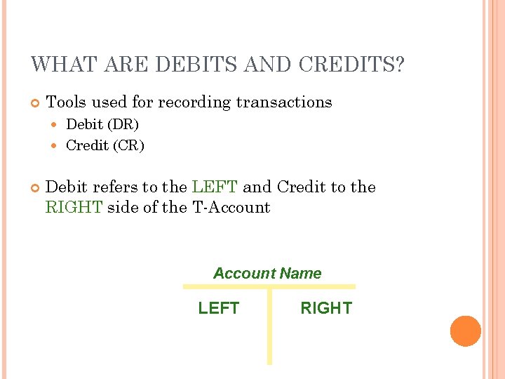 WHAT ARE DEBITS AND CREDITS? Tools used for recording transactions Debit (DR) Credit (CR)