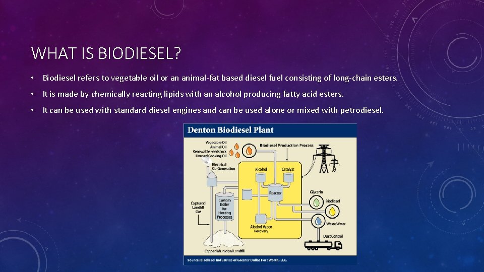WHAT IS BIODIESEL? • Biodiesel refers to vegetable oil or an animal-fat based diesel