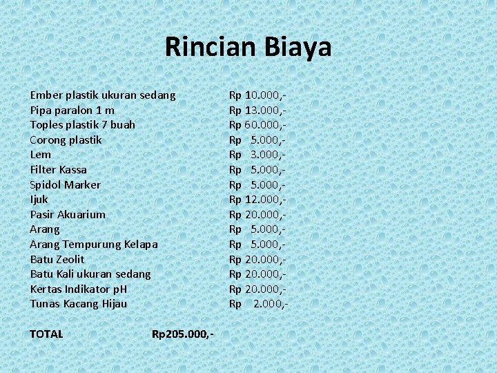 Rincian Biaya Ember plastik ukuran sedang Pipa paralon 1 m Toples plastik 7 buah