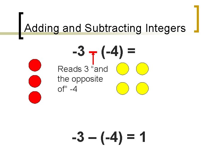 Adding and Subtracting Integers -3 – (-4) = Reads 3 “and the opposite of”