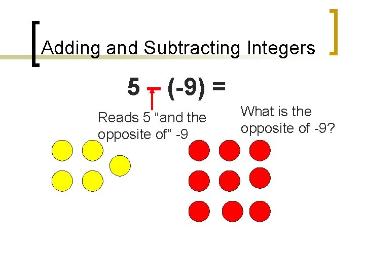 Adding and Subtracting Integers 5 – (-9) = Reads 5 “and the opposite of”