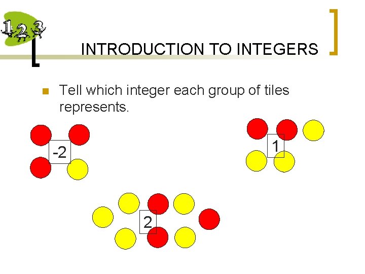 INTRODUCTION TO INTEGERS n Tell which integer each group of tiles represents. 1 -2