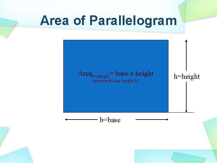 Area of Parallelogram Arearectangle= base x height (perpendicular height h) b=base h=height 