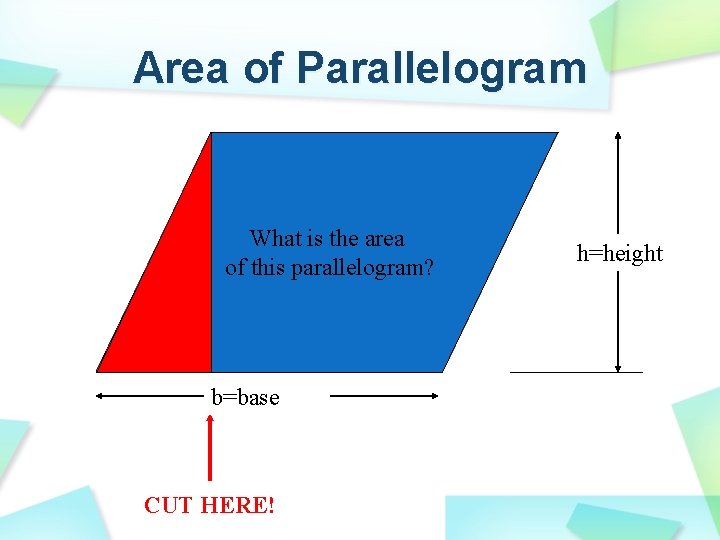 Area of Parallelogram What is the area of this parallelogram? b=base CUT HERE! h=height
