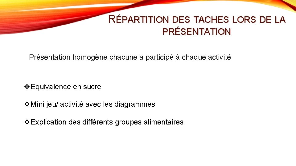 RÉPARTITION DES TACHES LORS DE LA PRÉSENTATION Présentation homogène chacune a participé à chaque