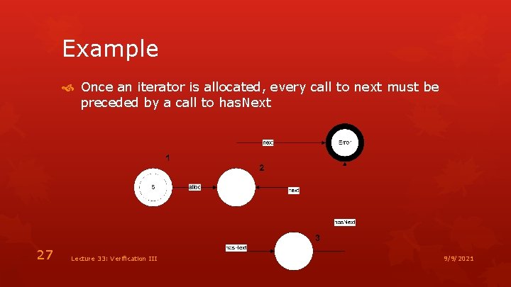 Example Once an iterator is allocated, every call to next must be preceded by
