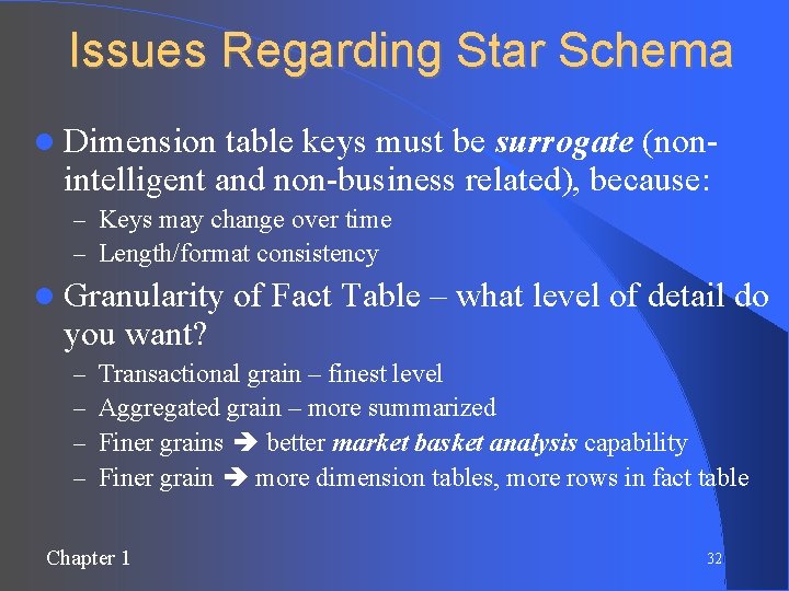 Issues Regarding Star Schema Dimension table keys must be surrogate (nonintelligent and non-business related),