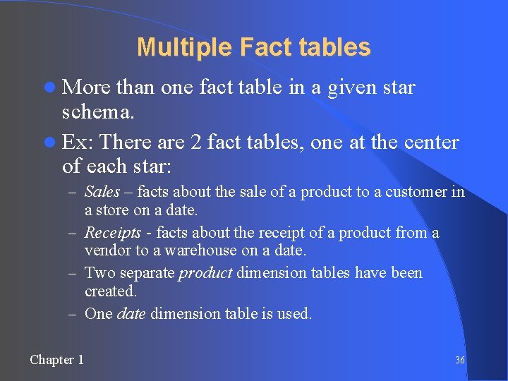 Multiple Fact tables More than one fact table in a given star schema. Ex: