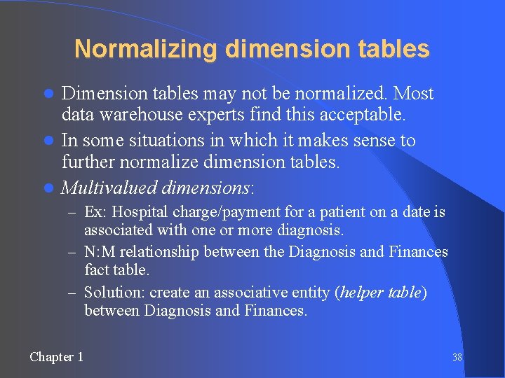 Normalizing dimension tables Dimension tables may not be normalized. Most data warehouse experts find