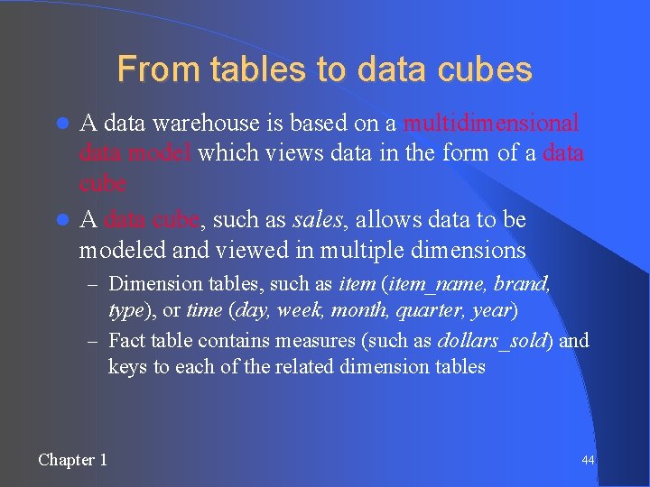 From tables to data cubes A data warehouse is based on a multidimensional data