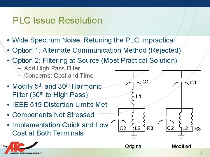 PLC Issue Resolution • Wide Spectrum Noise: Retuning the PLC Impractical • Option 1: