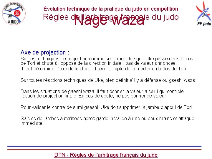 Évolution technique de la pratique du judo en compétition Nage waza Règles de l’arbitrage