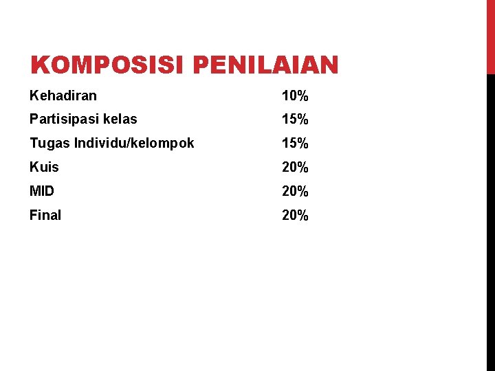 KOMPOSISI PENILAIAN Kehadiran 10% Partisipasi kelas 15% Tugas Individu/kelompok 15% Kuis 20% MID 20%