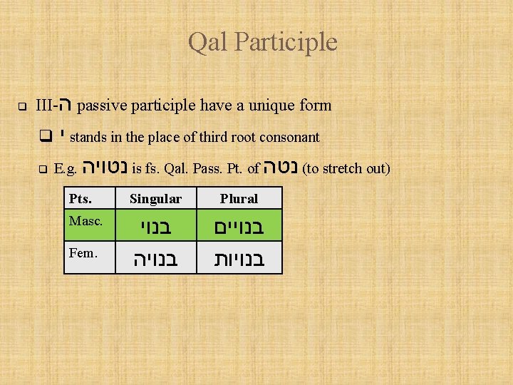 Qal Participle q III- ה passive participle have a unique form י stands in