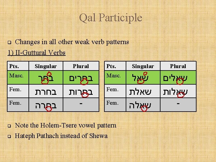 Qal Participle Changes in all other weak verb patterns 1) II-Guttural Verbs q Pts.