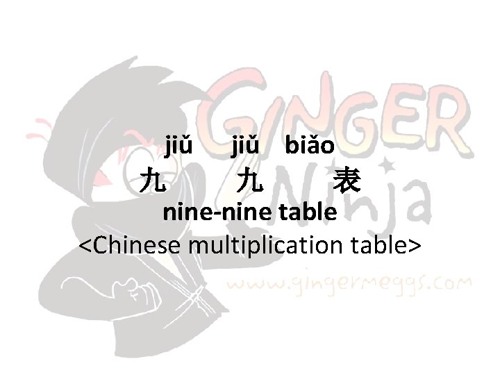 jiǔ biǎo 九 九 表 nine-nine table <Chinese multiplication table> 