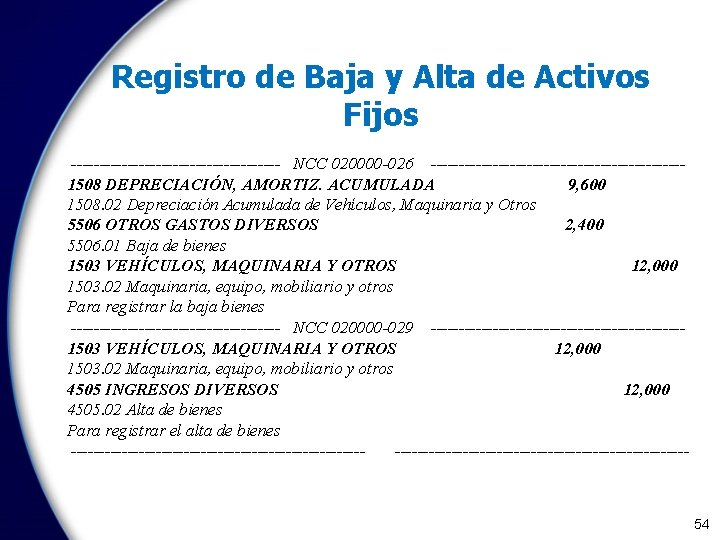 Registro de Baja y Alta de Activos Fijos ------------------- NCC 020000 -026 ----------------------1508 DEPRECIACIÓN,