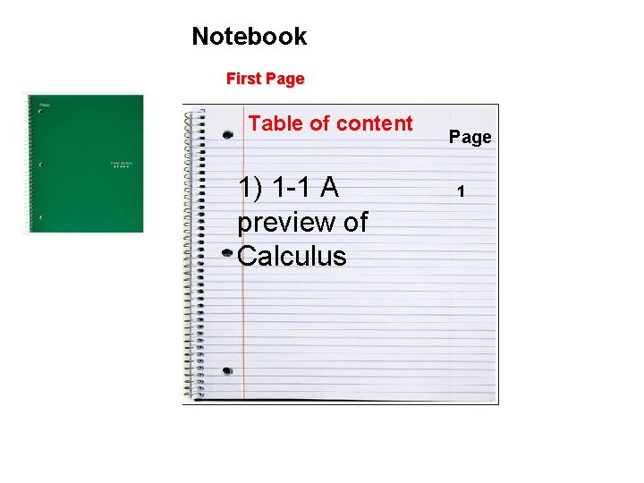 Notebook First Page Table of content 1) 1 -1 A preview of Calculus Page