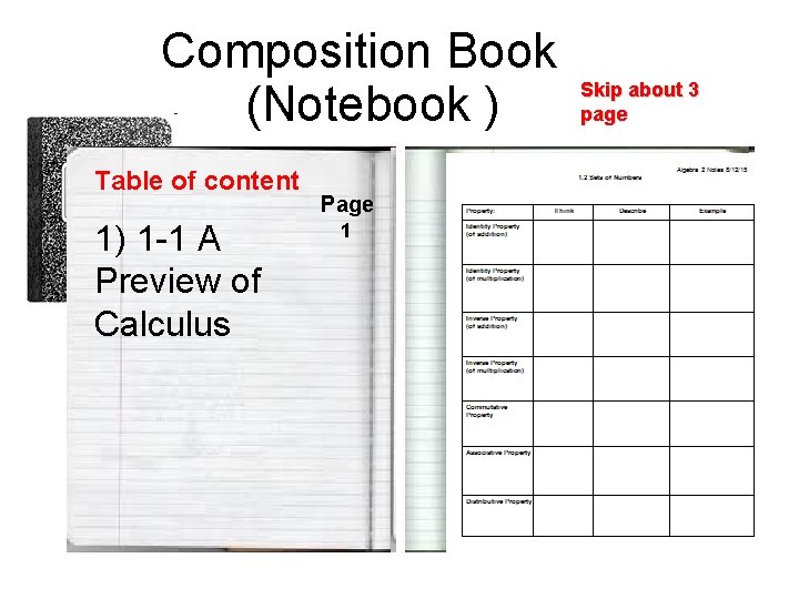 Composition Book (Notebook ) Table of content 1) 1 -1 A Preview of Calculus