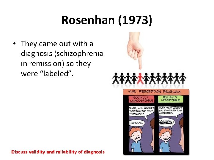 Rosenhan (1973) • They came out with a diagnosis (schizophrenia in remission) so they