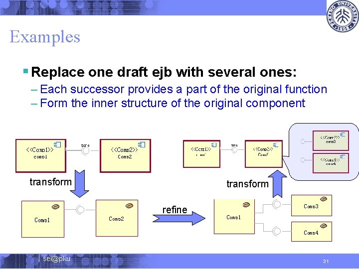 Examples § Replace one draft ejb with several ones: – Each successor provides a